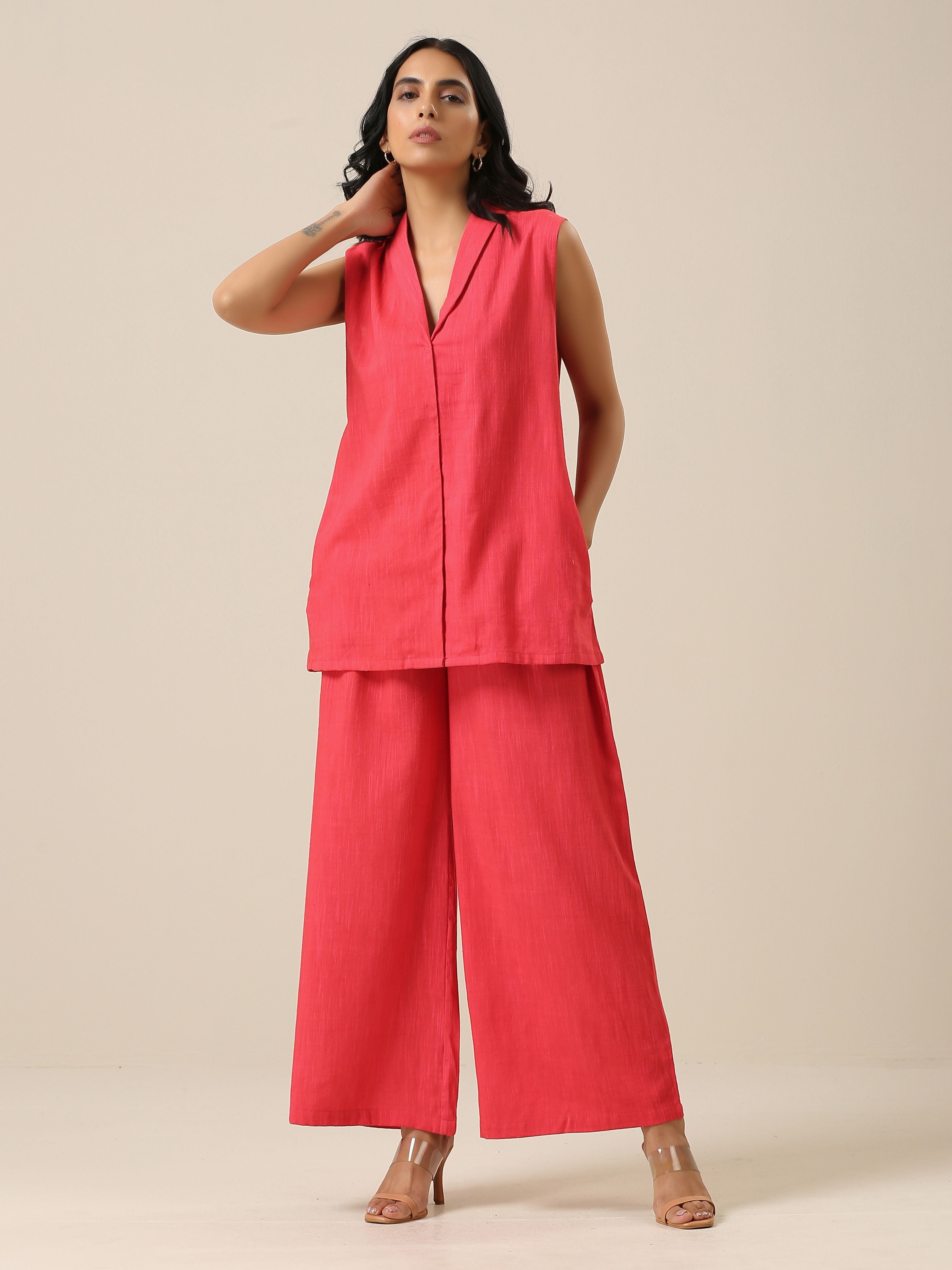 trueBrowns Bright Pink Slub Texture Sleevesless Jacket Pant Set