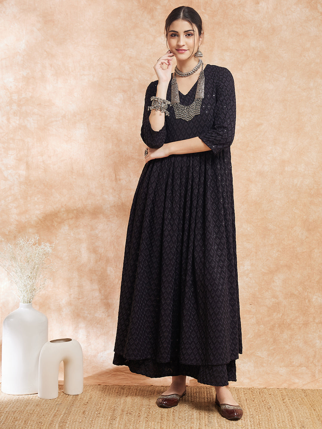 InWeave Women's Black Chikankari Long Anarkali Kurta Sharara Set