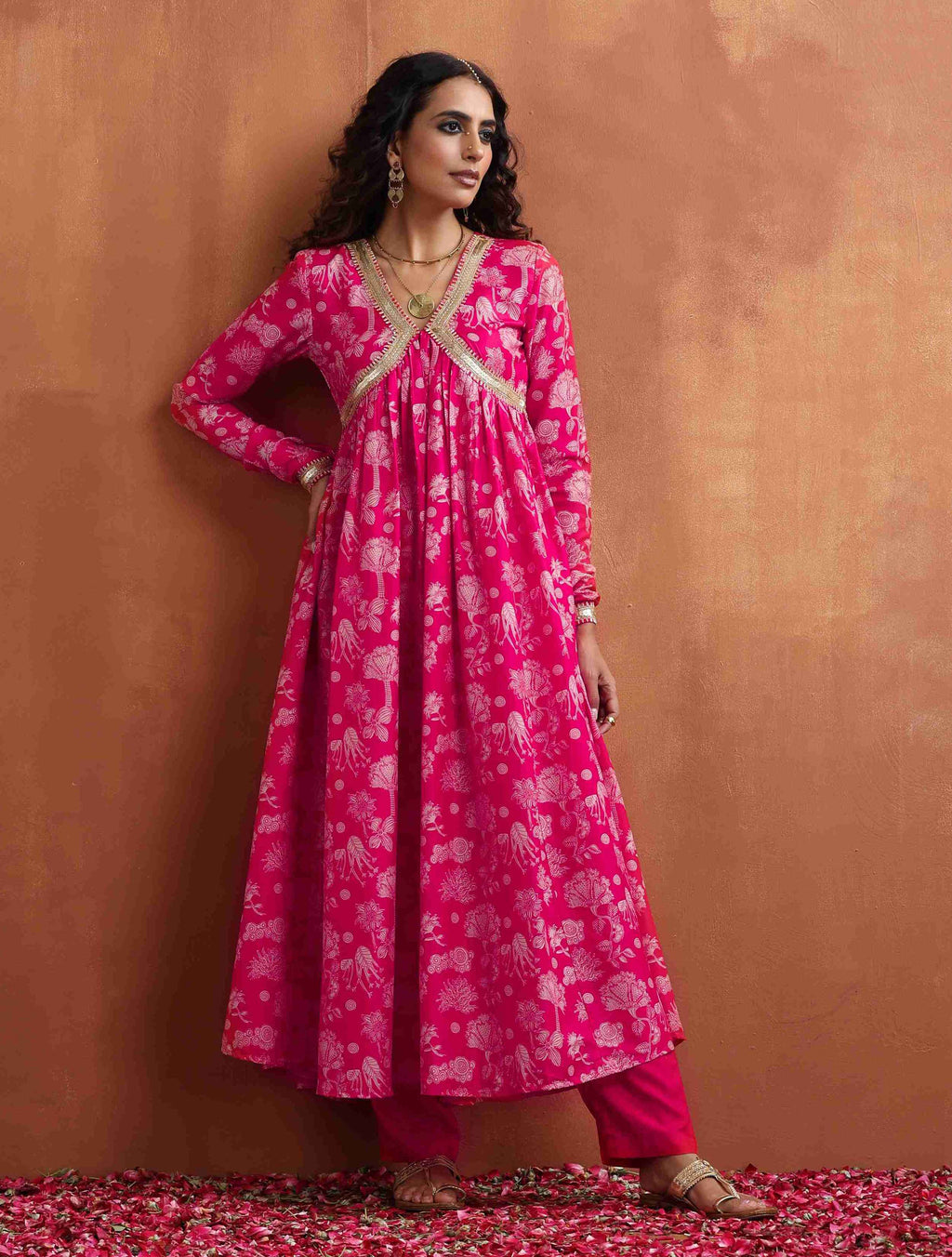 trueBrowns Red Print Flared Anarkali Kurta Set