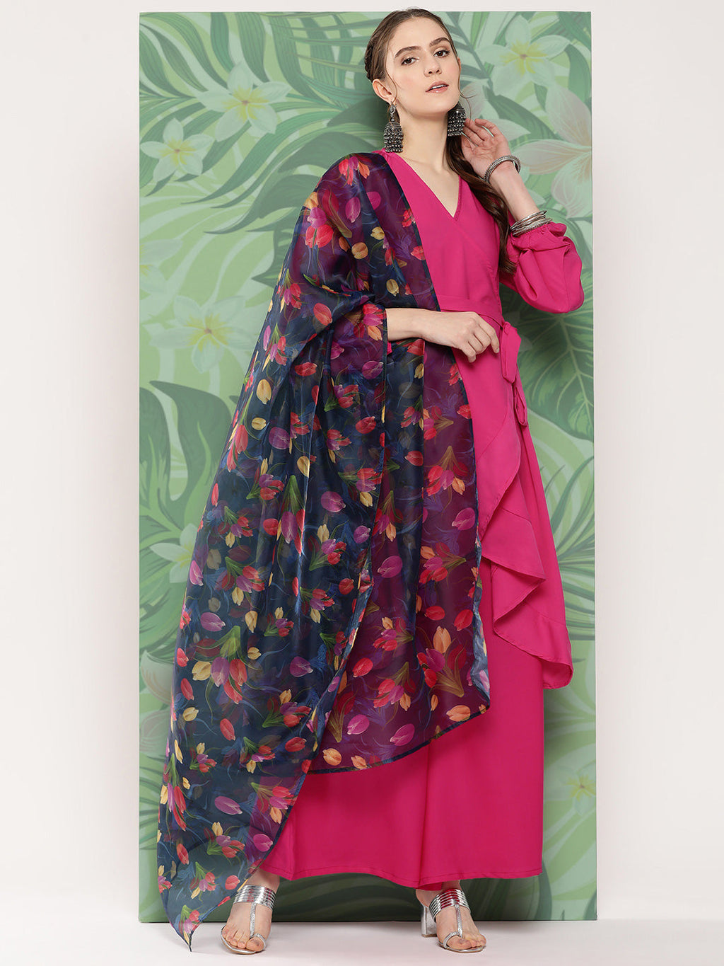 InWeave Women's Magenta Tie Up Kurta Set W Navy Pink Or Dupatta