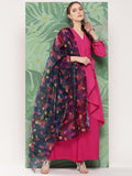 InWeave Women's Magenta Tie Up Kurta Set W Navy Pink Or Dupatta