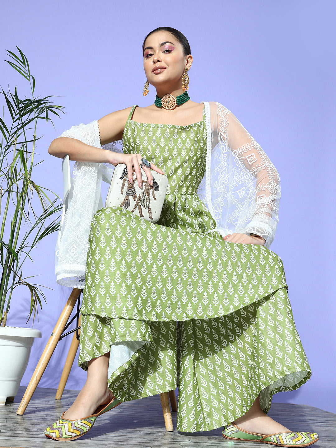 InWeave Women's Green Small Boota Print Strappy Set With Dupatta