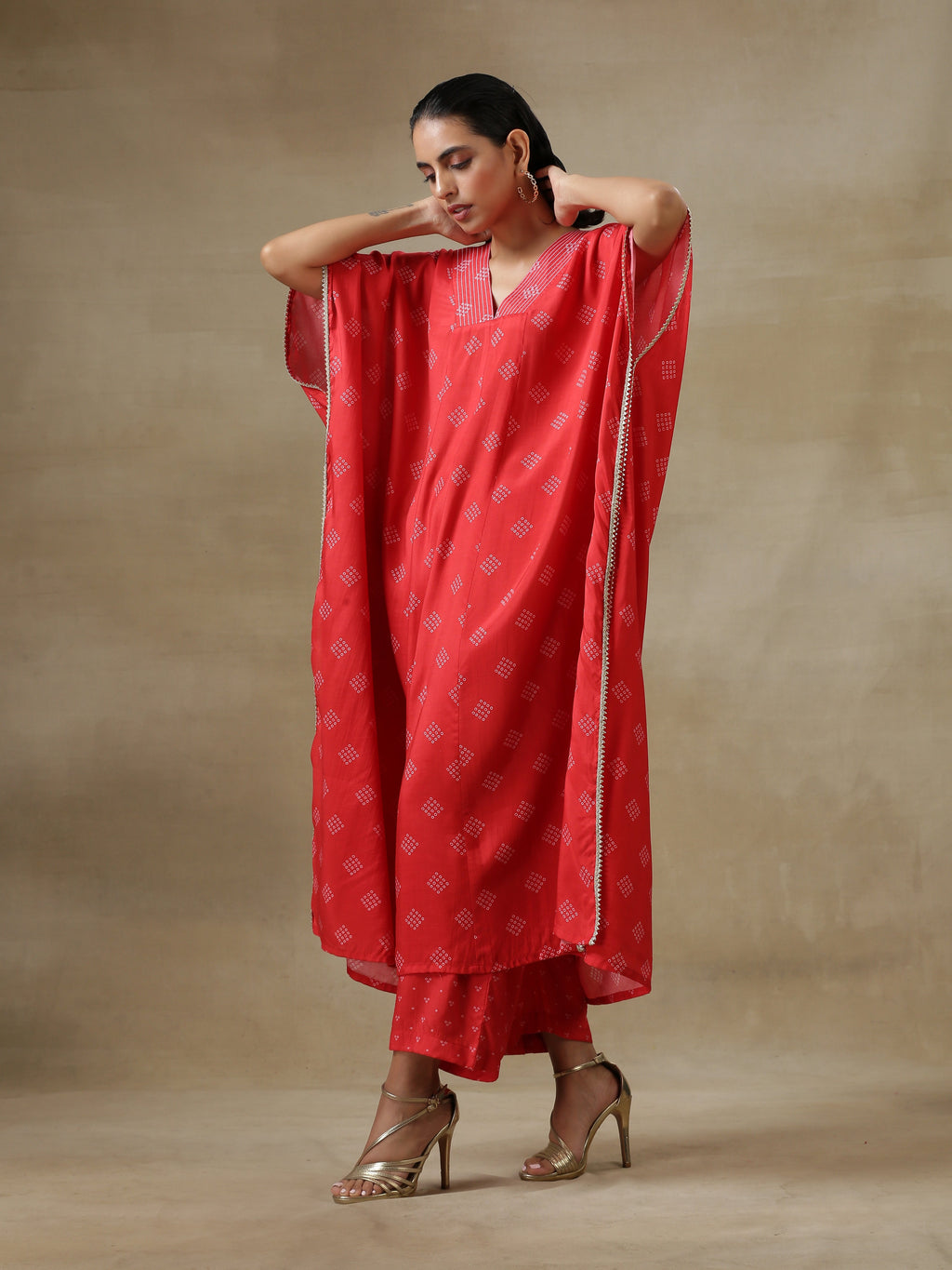 trueBrowns Red Bandhani Printed Silk Panel Kaftan Kurta Pant Set