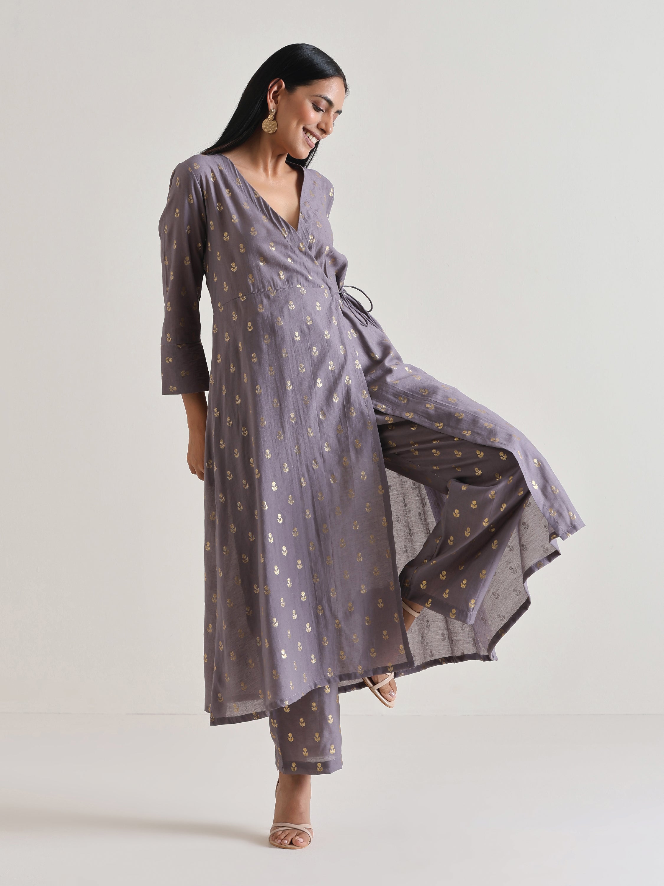 trueBrowns Plum Grey Foil Angrakha Kurta Set