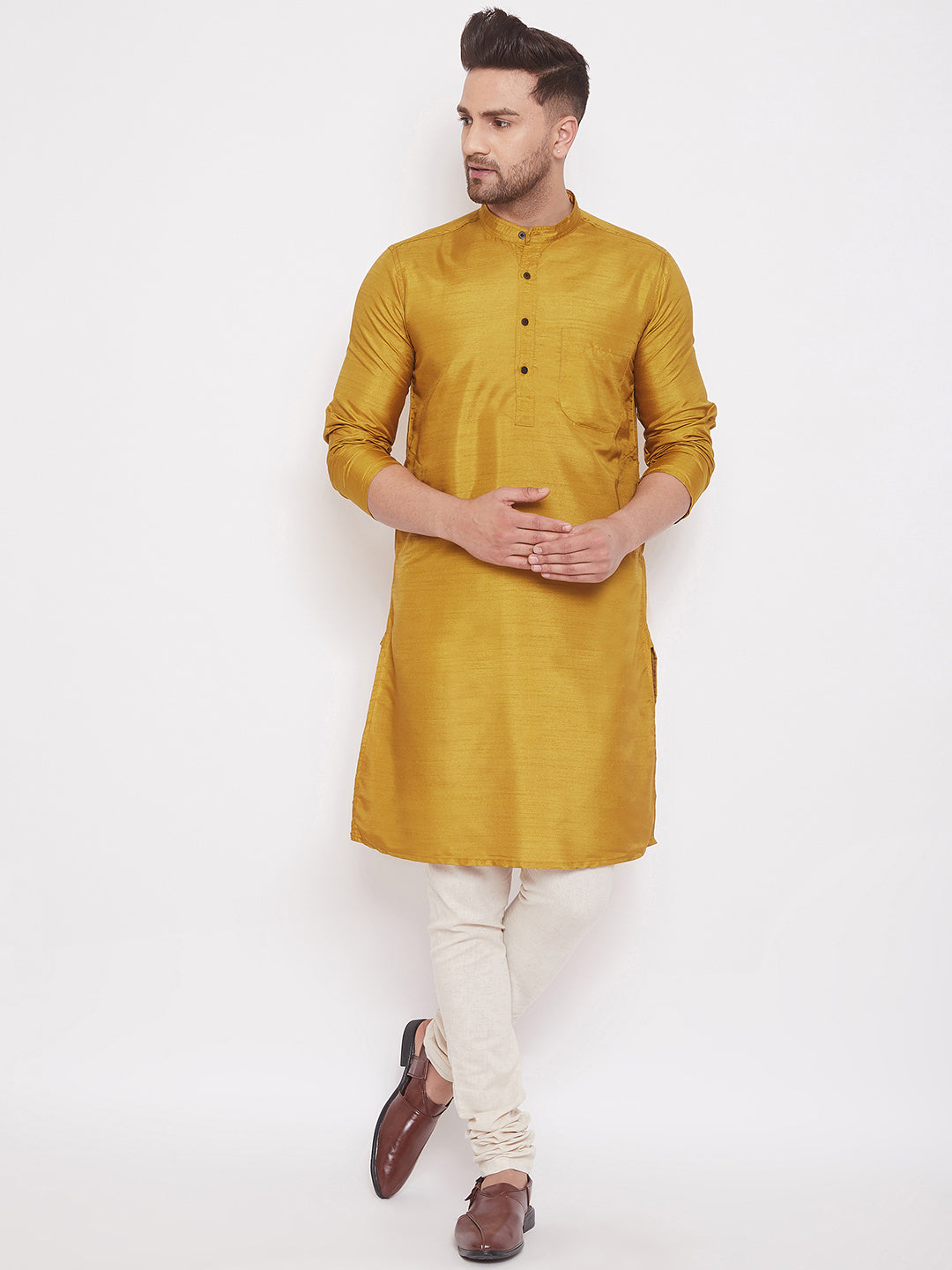 Even Apparels Mustard Yellow Pure Cotton Kurta With Band Collar