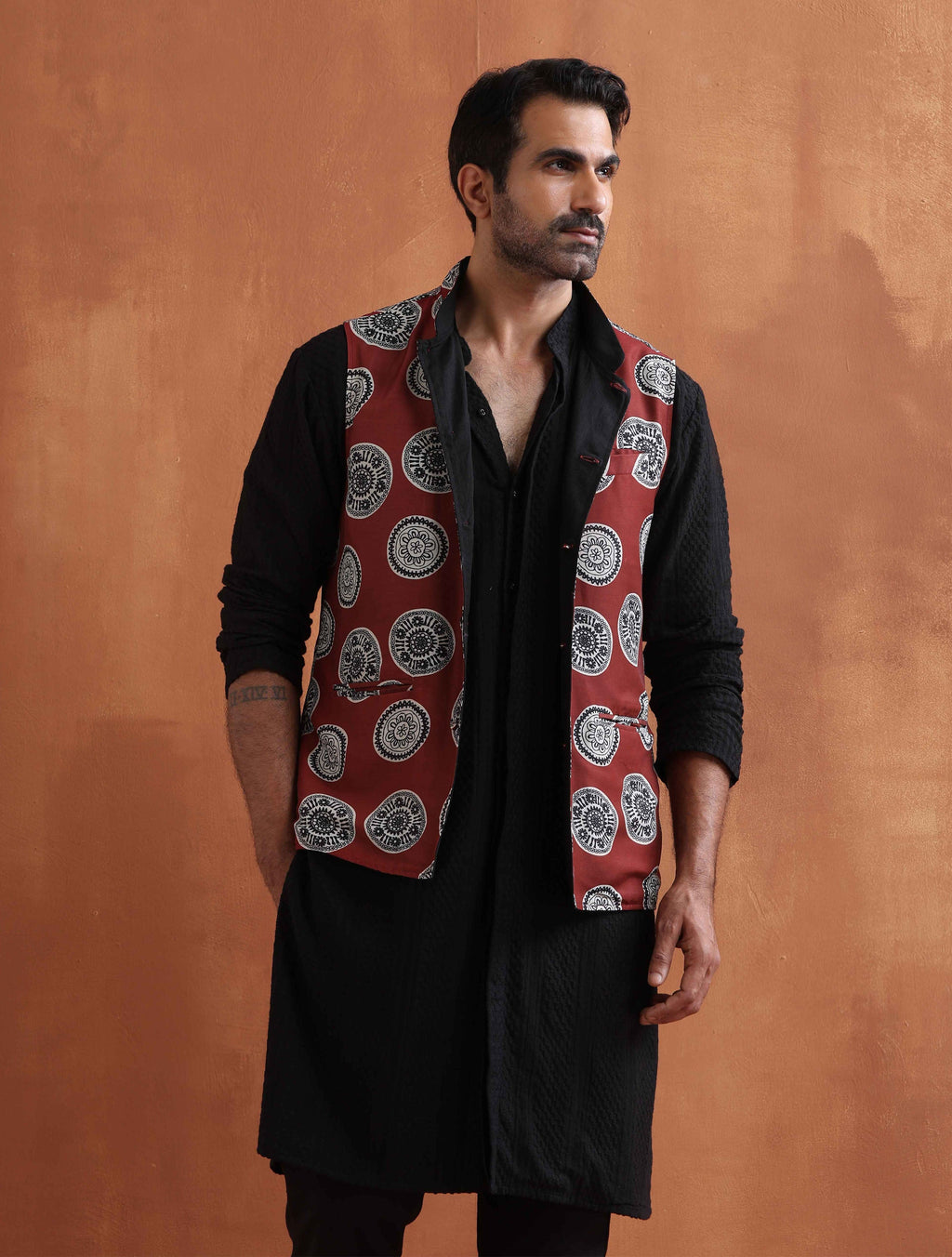 trueBrowns Men's Rust Printed Nehru Jacket