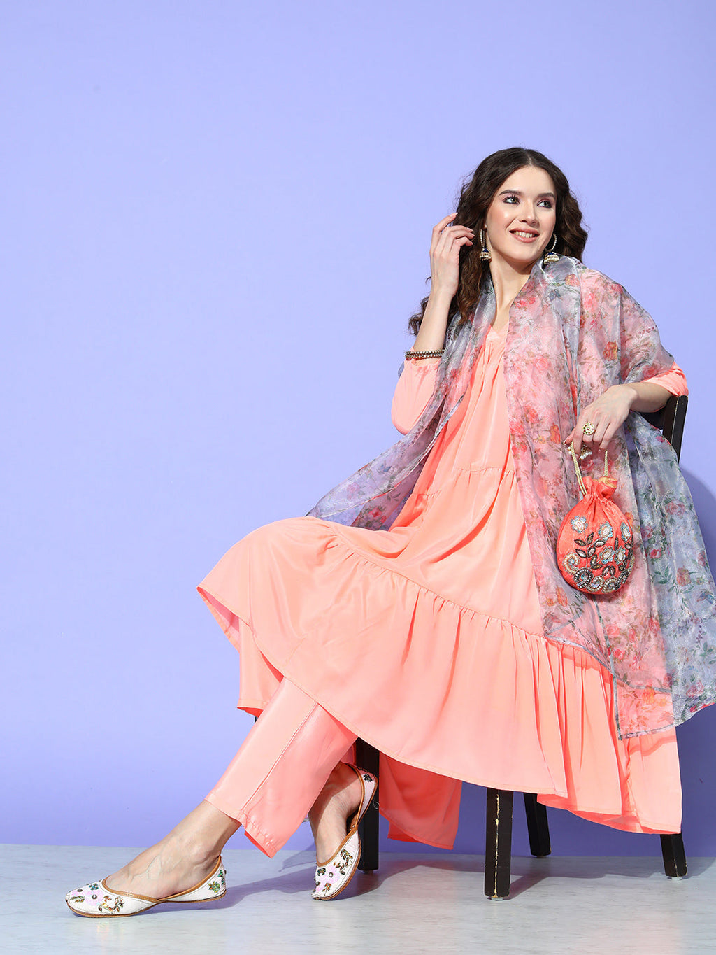 InWeave Women's Peach Flared Kurta Set With Off White Folral Organza Dupatta