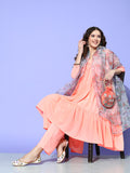 InWeave Women's Peach Flared Kurta Set With Off White Folral Organza Dupatta