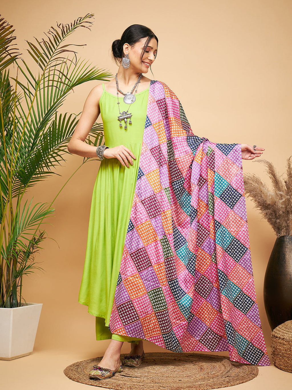 InWeave Women's Lime Green Strappy Set W Square Bandhani Print Silk Dupatta