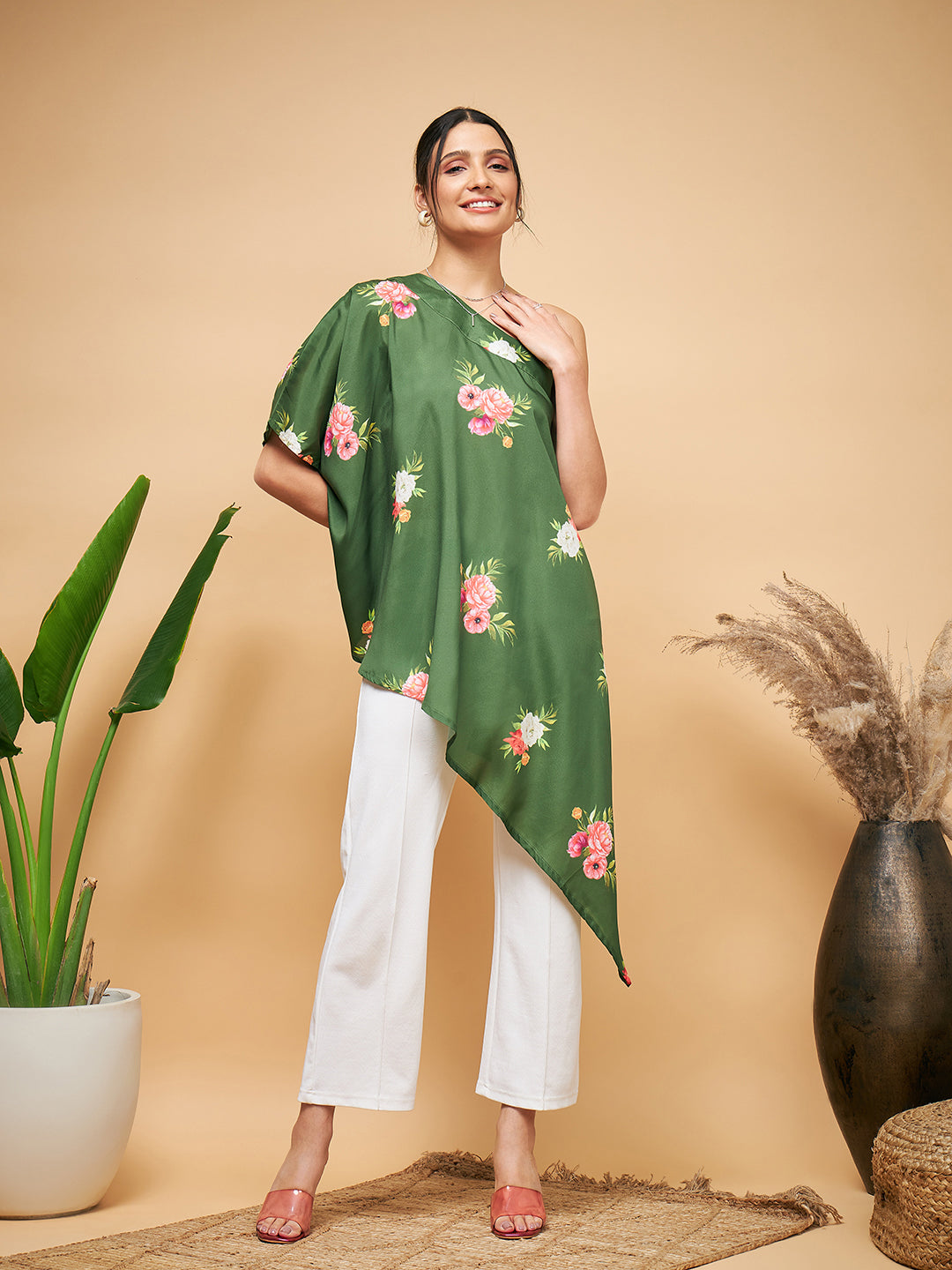 InWeave Women's Green Small Flower One Shoulder Kurta