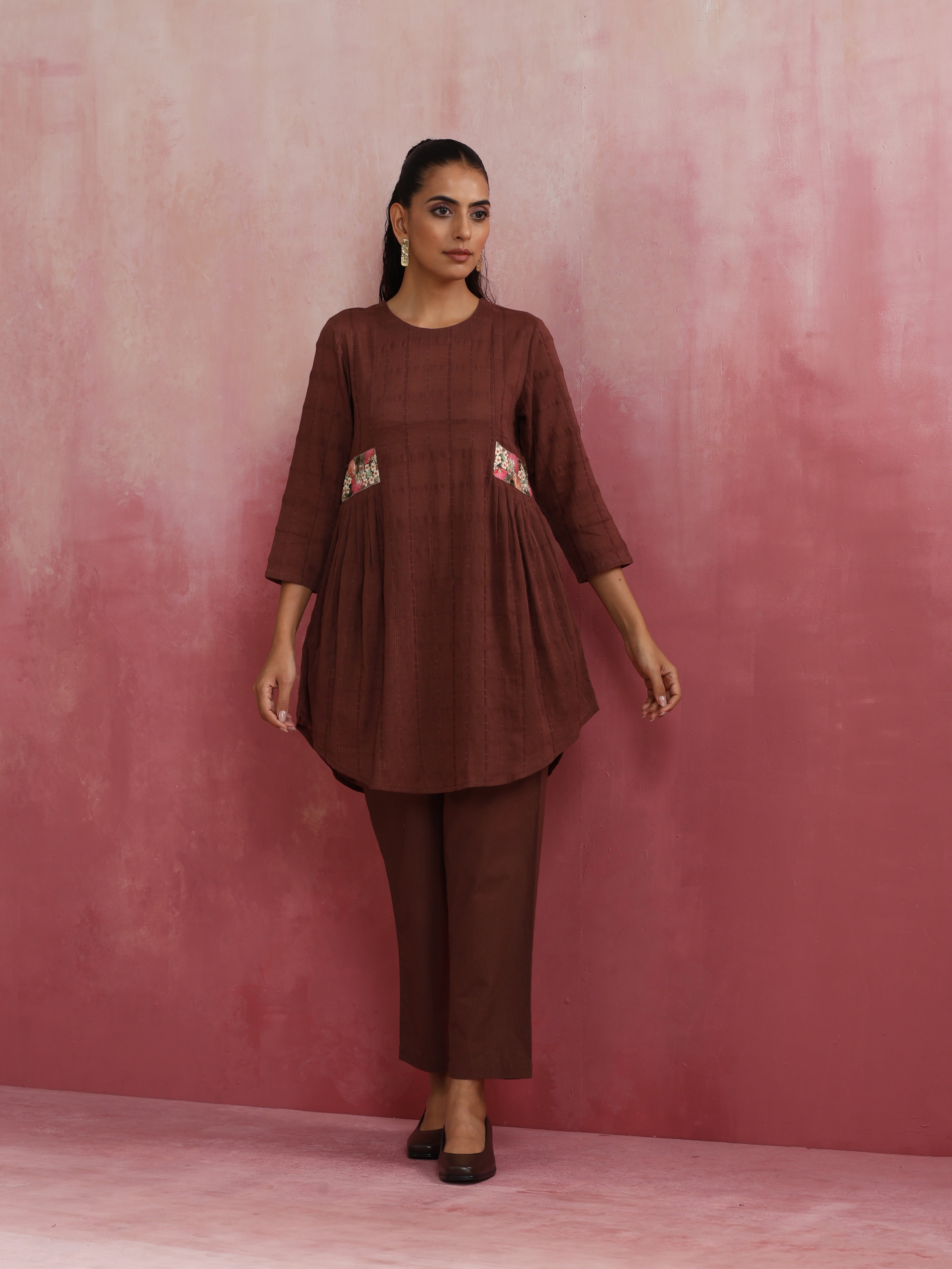 trueBrowns Brown Cotton Dobby Kurta Co-ord set