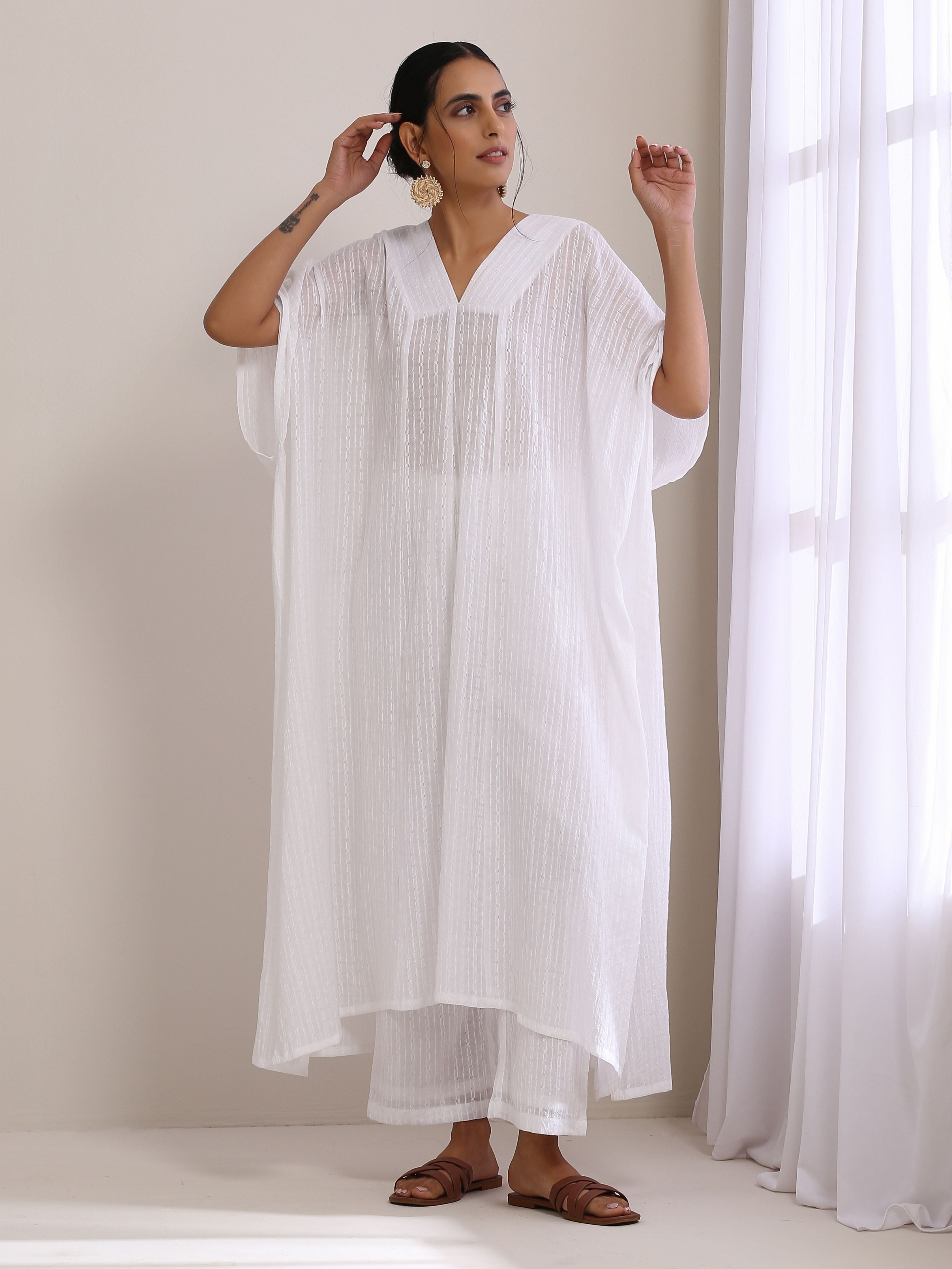 trueBrowns White Dobby Panel Kaftan Kurta Pant Set