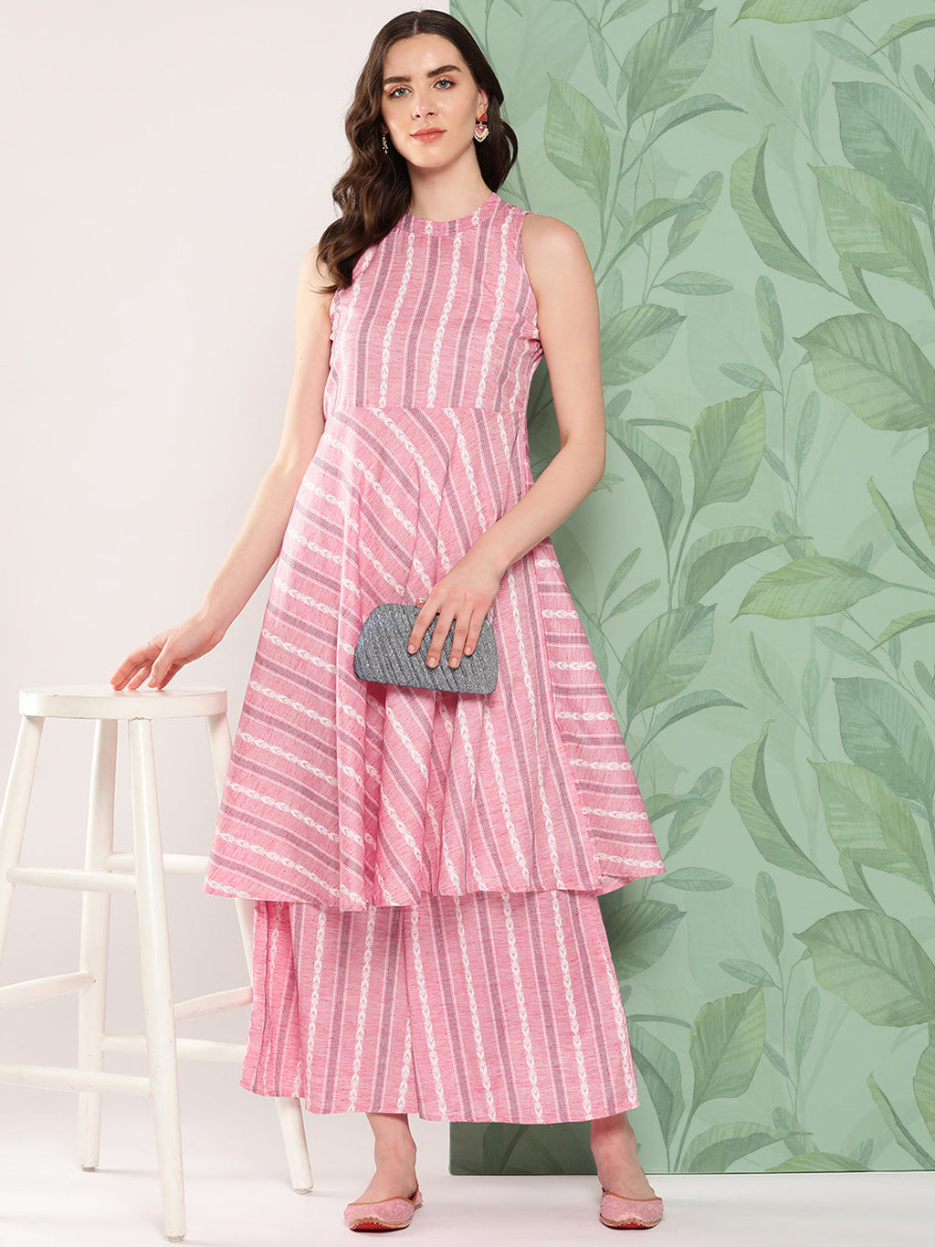 InWeave Women's Pink Kantha Striped Kurta Set