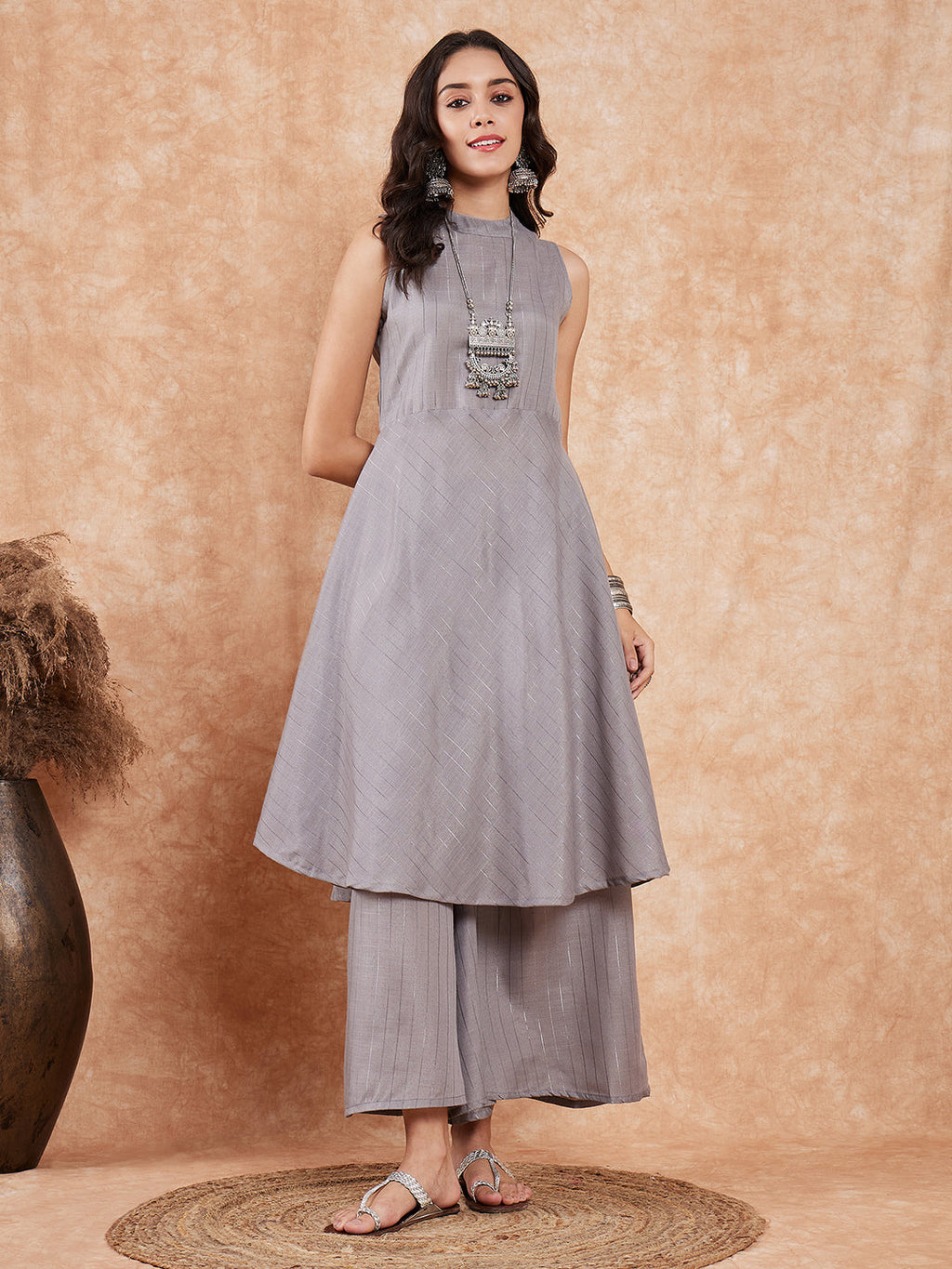 InWeave Light Grey Lurex Halter Neck W/S Kurta Palazzo Set