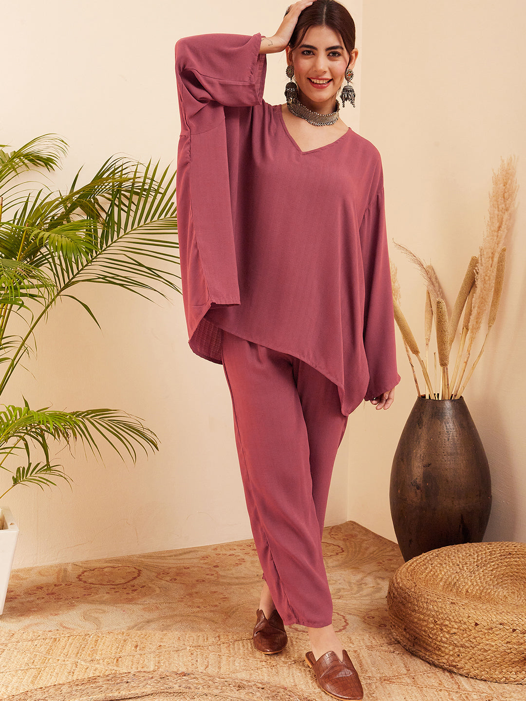 InWeave Women's Light Brown Full Sleeve Boho Top Bottom Set