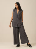 trueBrowns Slate Grey Slub Texture Sleevesless Jacket Pant Set