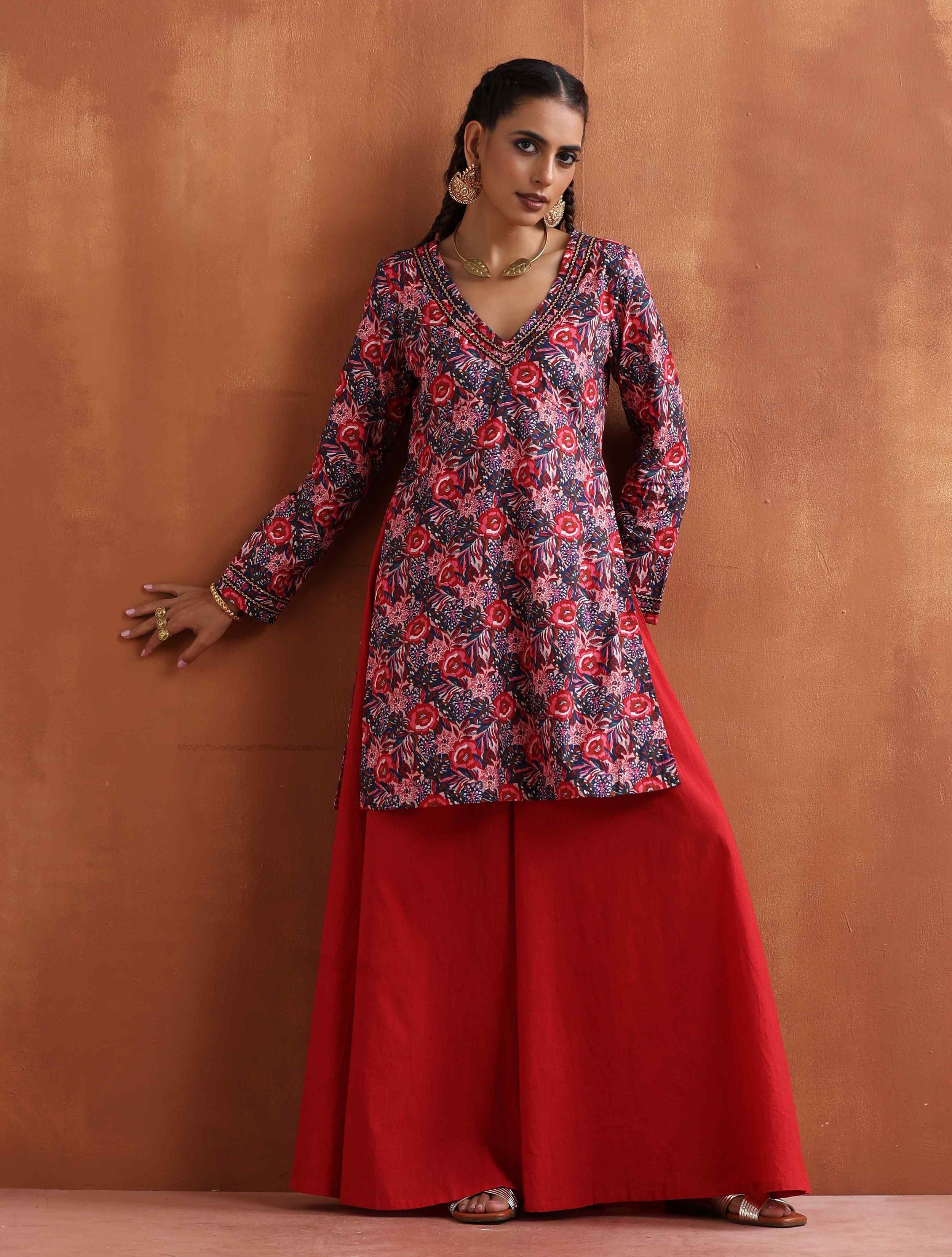 trueBrowns Rust Ajrak Print Flared Anarkali Kurta Set