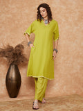 InWeave Women's Pear Green Solid Lace Work Kimono Sleeve Kurta Set