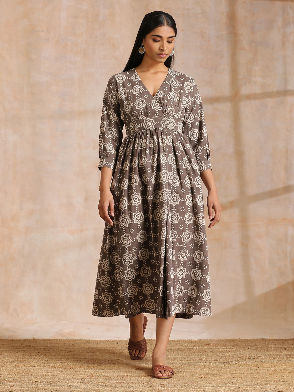 trueBrowns Clay Dabu Overall Print Cotton Wrap Dress | Relove