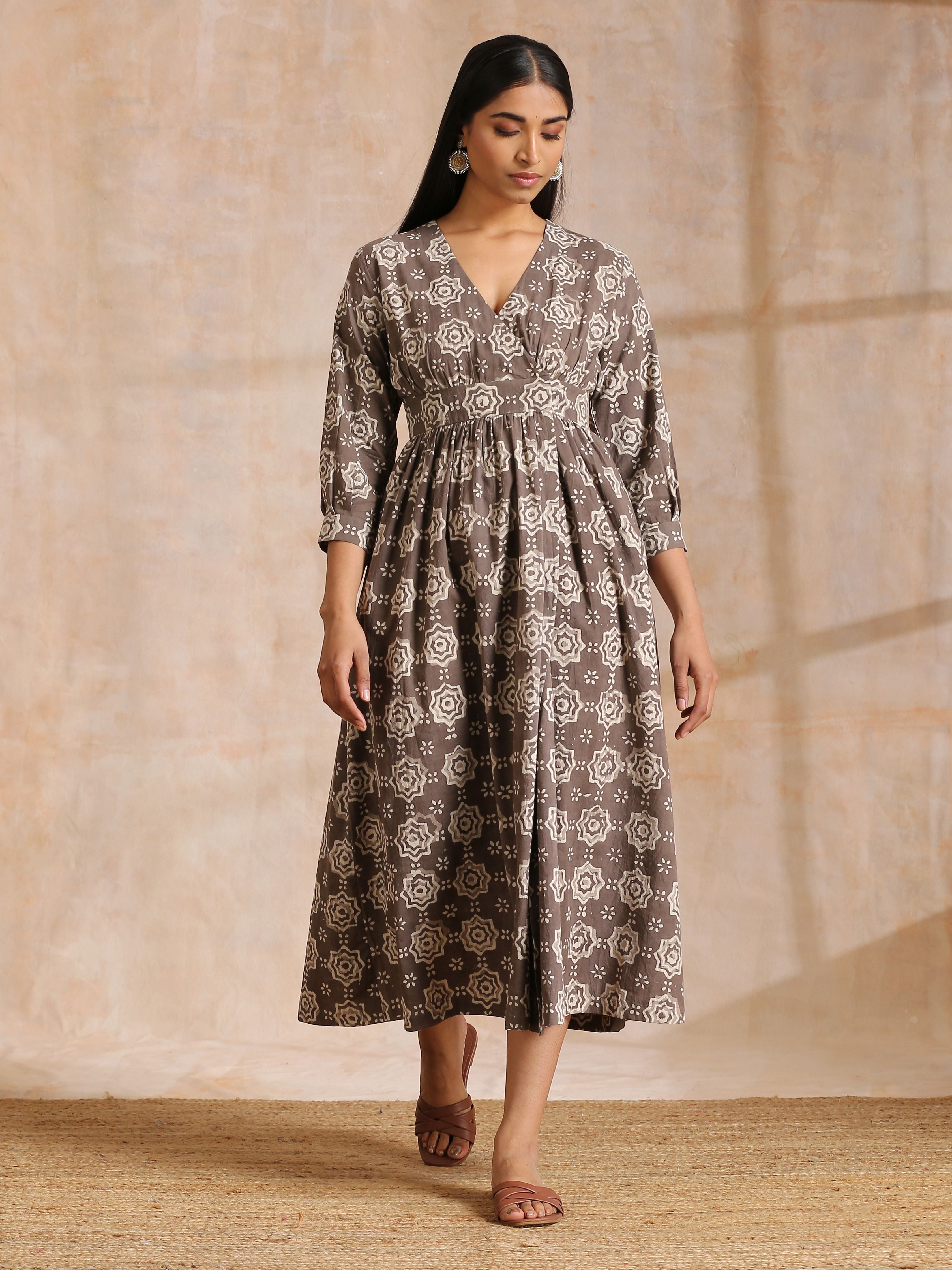 trueBrowns Clay Dabu Overall Print Cotton Wrap Dress | Relove