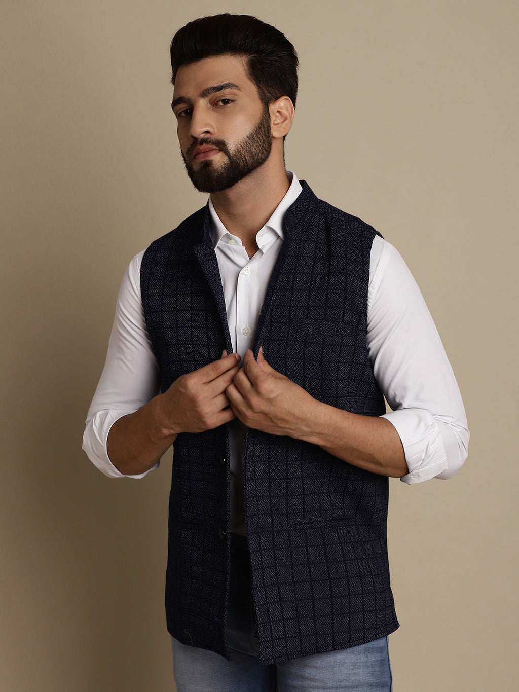 Even Apparels Men's Blue Mandarin Collar Waistcoat
