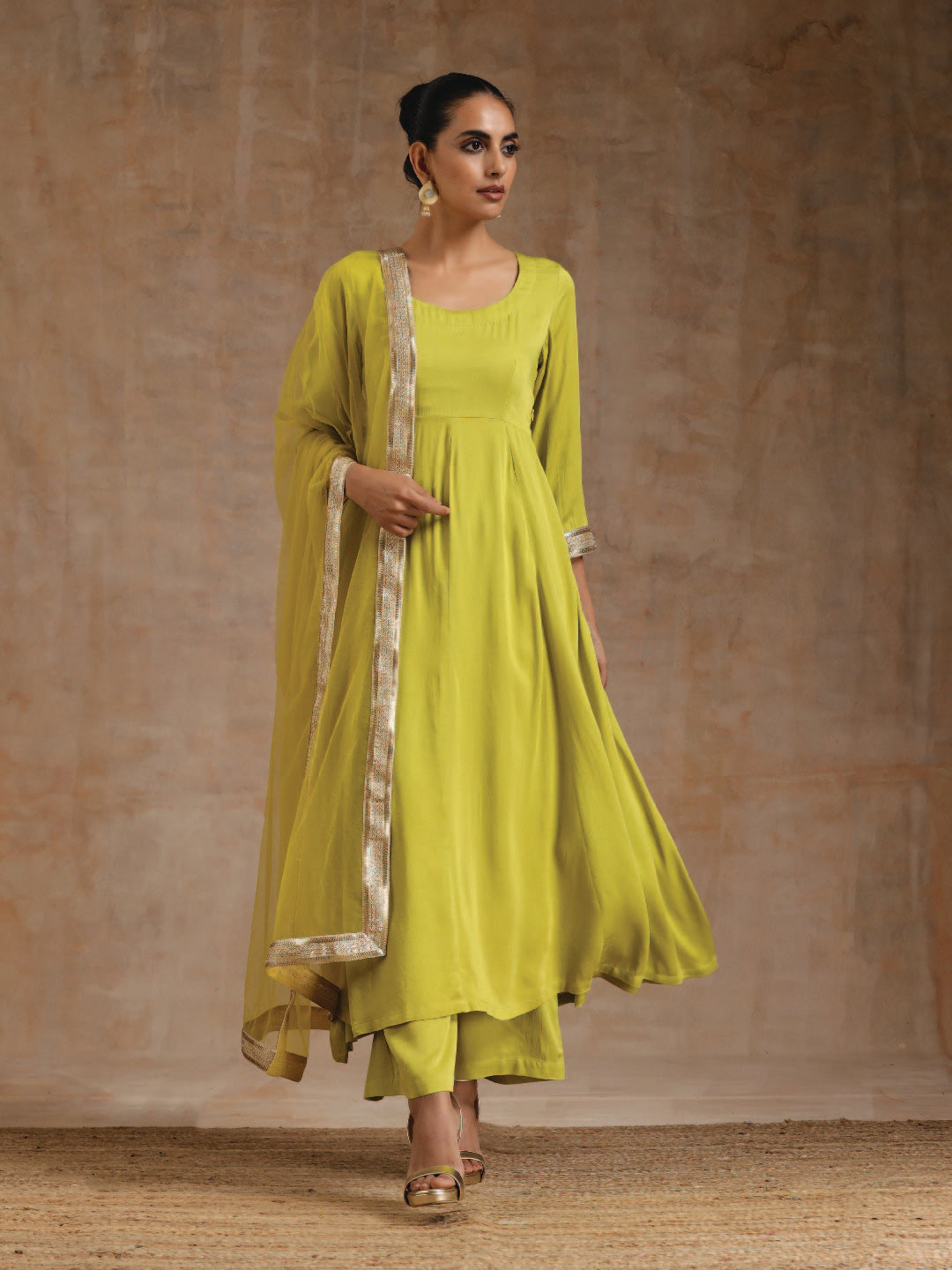 trueBrowns Lime Modal Satin Anarkali Set