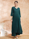 InWeave Women's Forest Green Chikankari Long Anarkali Kurta Sharara Set