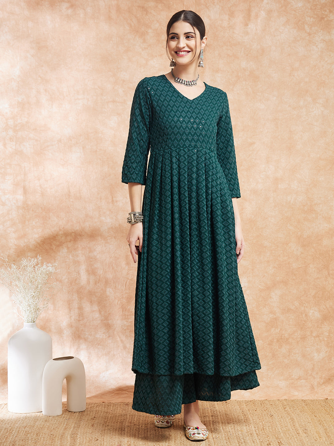 InWeave Women's Forest Green Chikankari Long Anarkali Kurta Sharara Set