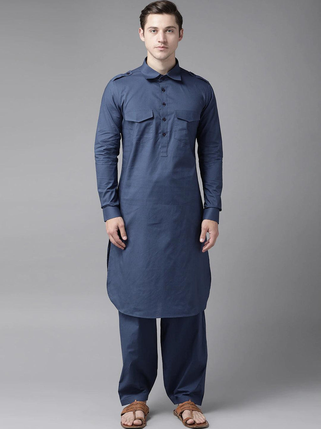Fabmade Navy Blue Pathani Suit