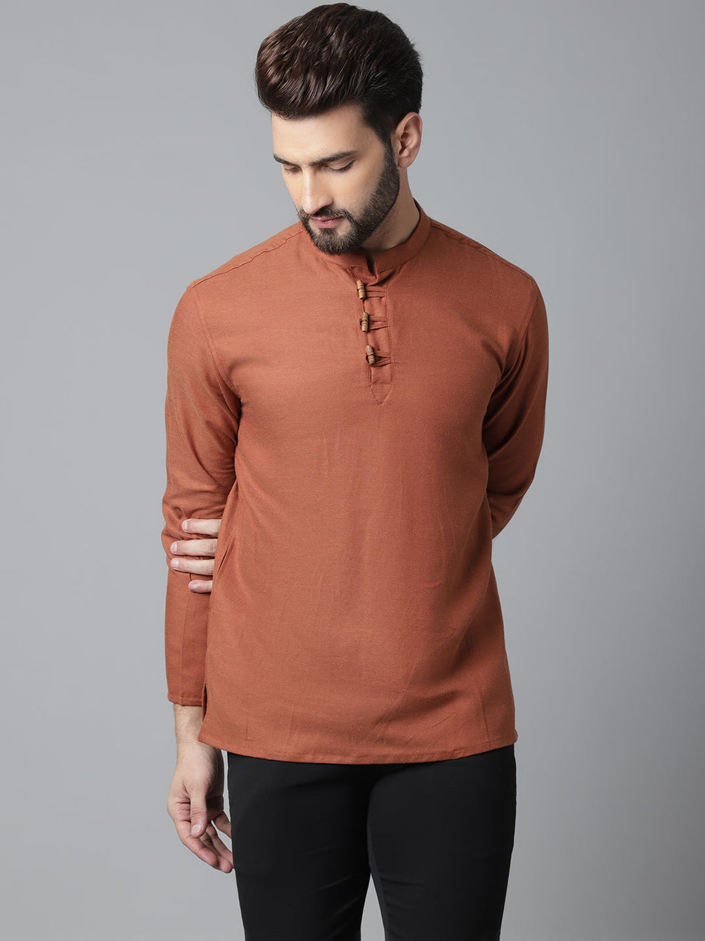 Even Apparels Rust Pure Cotton Kurta With Band Collar