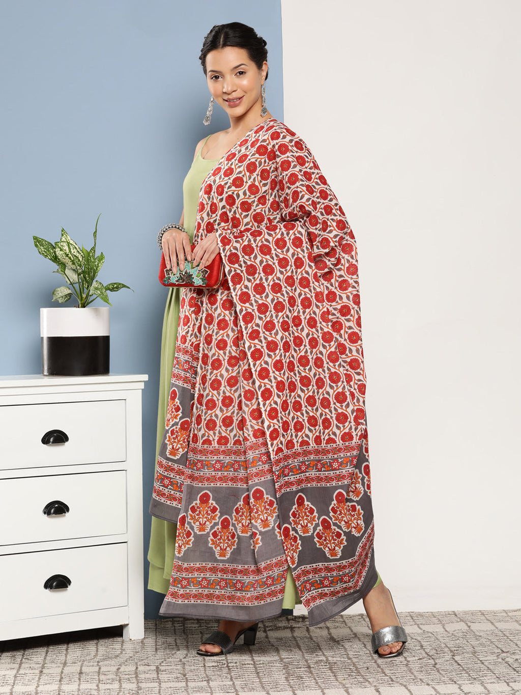InWeave Women's Light Green Ray Strappy Set With Orange Floral Cotton Dupatta