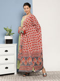 InWeave Women's Light Green Ray Strappy Set With Orange Floral Cotton Dupatta