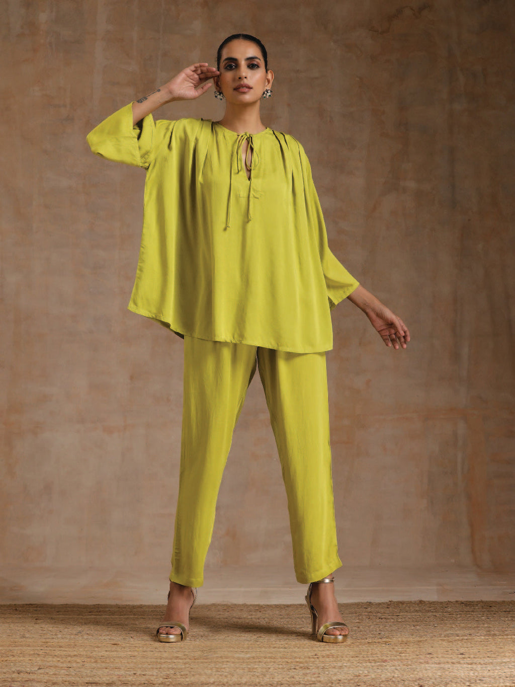 trueBrowns Lime Modal Satin Shoulder Pleat Co-Ord Set