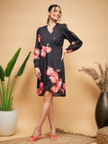 InWeave Women's Black Red Big Flower Belted Dress