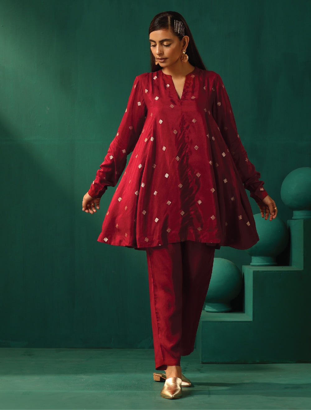 trueBrowns Maroon Diamond Viscose Silk Relaxed Co-ord Set