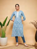 InWeave Women's Powder Blue White Print Lace Straight Kurta