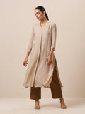 trueBrowns Linen Beige Textured Slit Kurta Pant Set
