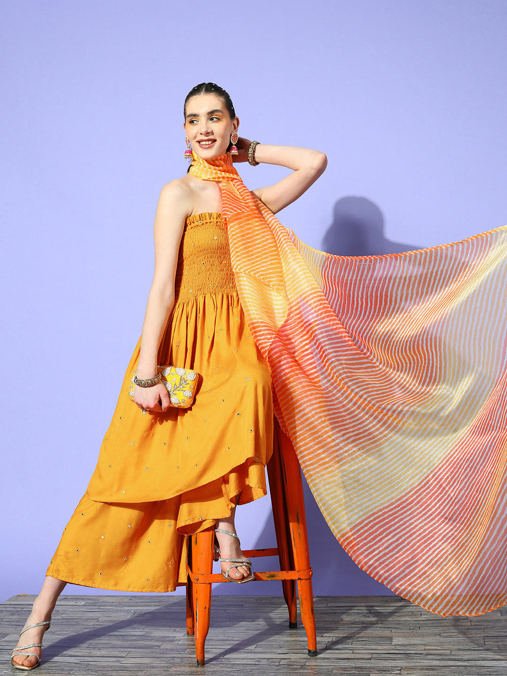 InWeave Women's Mustard Mirror Work Off Shoulder Kurta Set With Dupatta