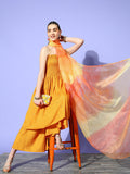 InWeave Women's Mustard Mirror Work Off Shoulder Kurta Set With Dupatta
