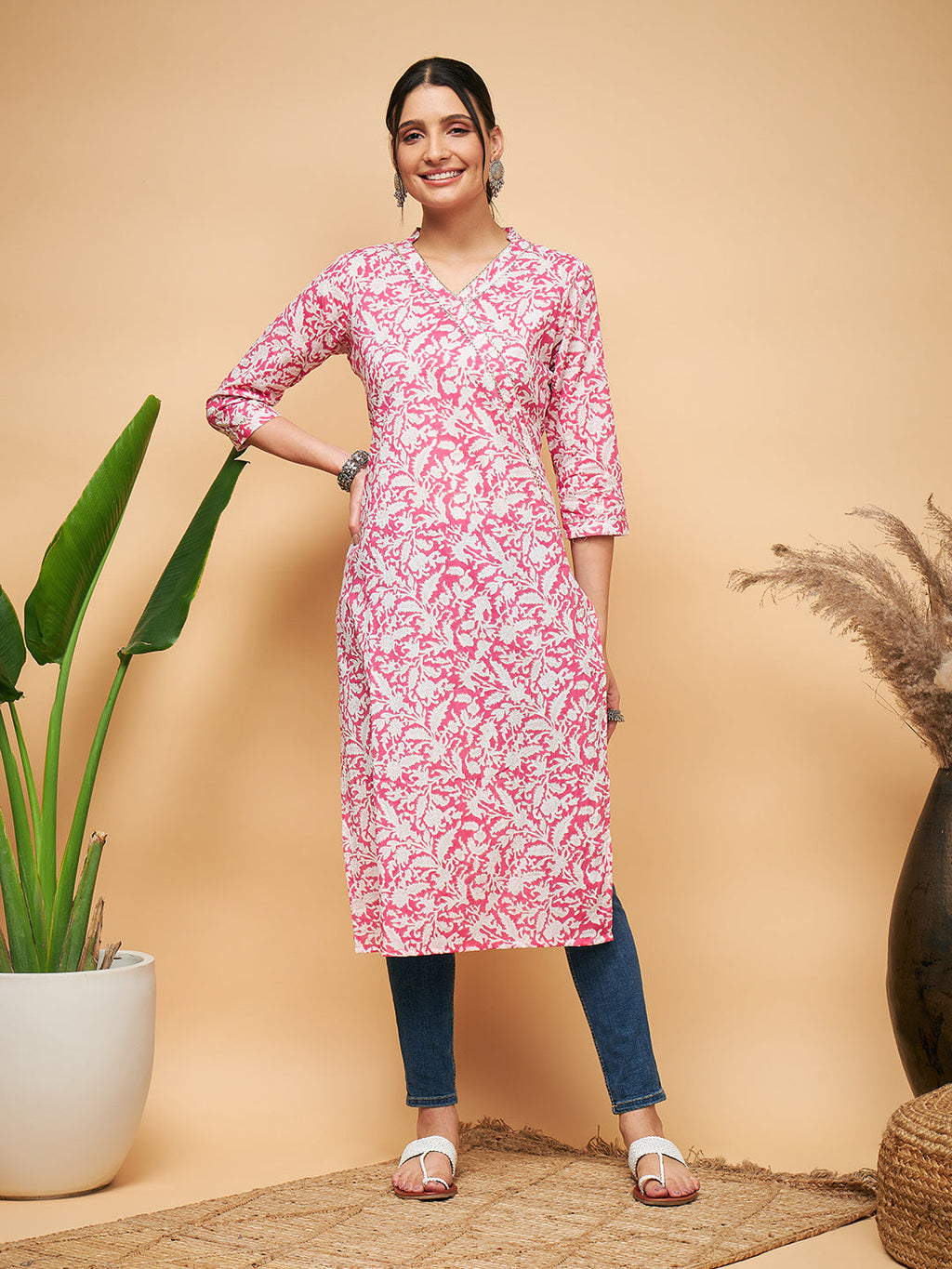 InWeave Women's Pink Foil White Print Angrakha Stright Kurta