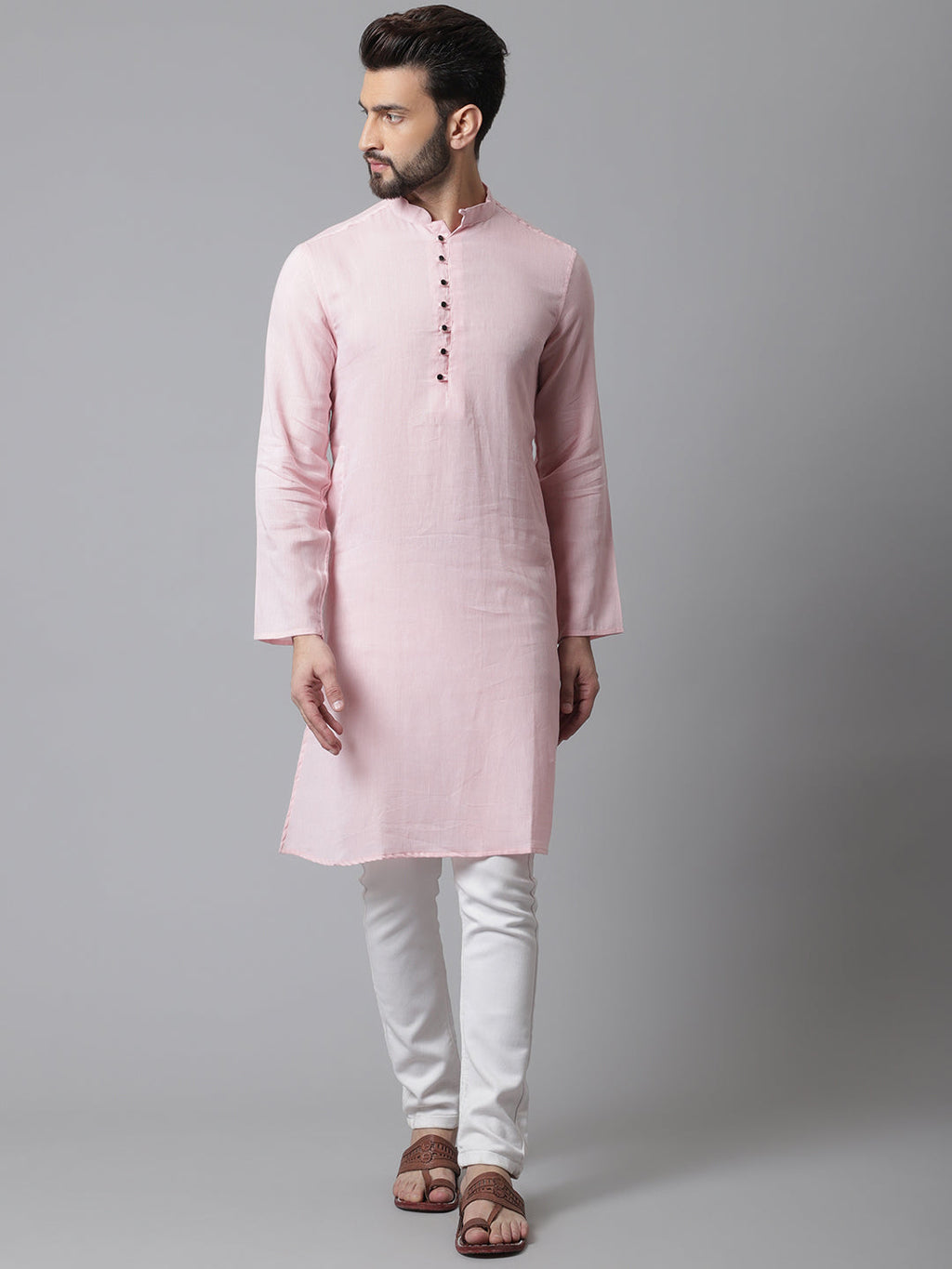 Even Apparels Pink Pure Cotton Kurta With Band Collar