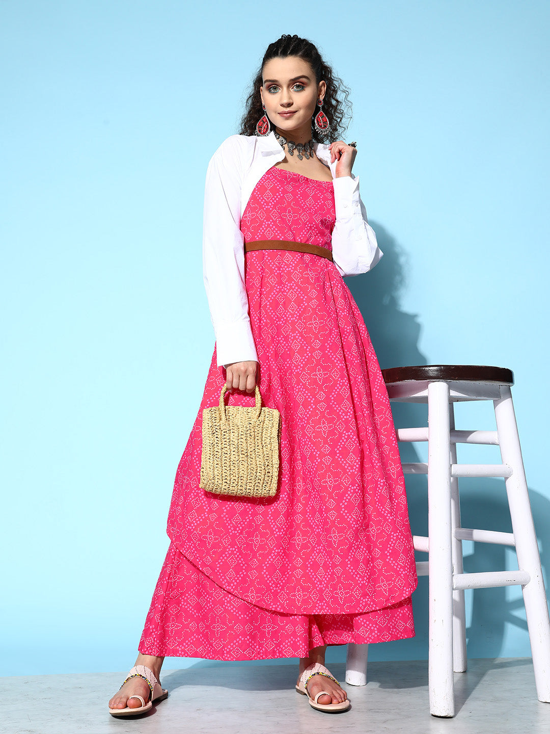 InWeave Women's Pink Bandhani Strappy Kurta Set