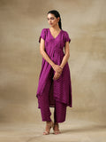 trueBrowns Purple Bandhani Printed Silk Drop Shoulder Kurta Pant Set