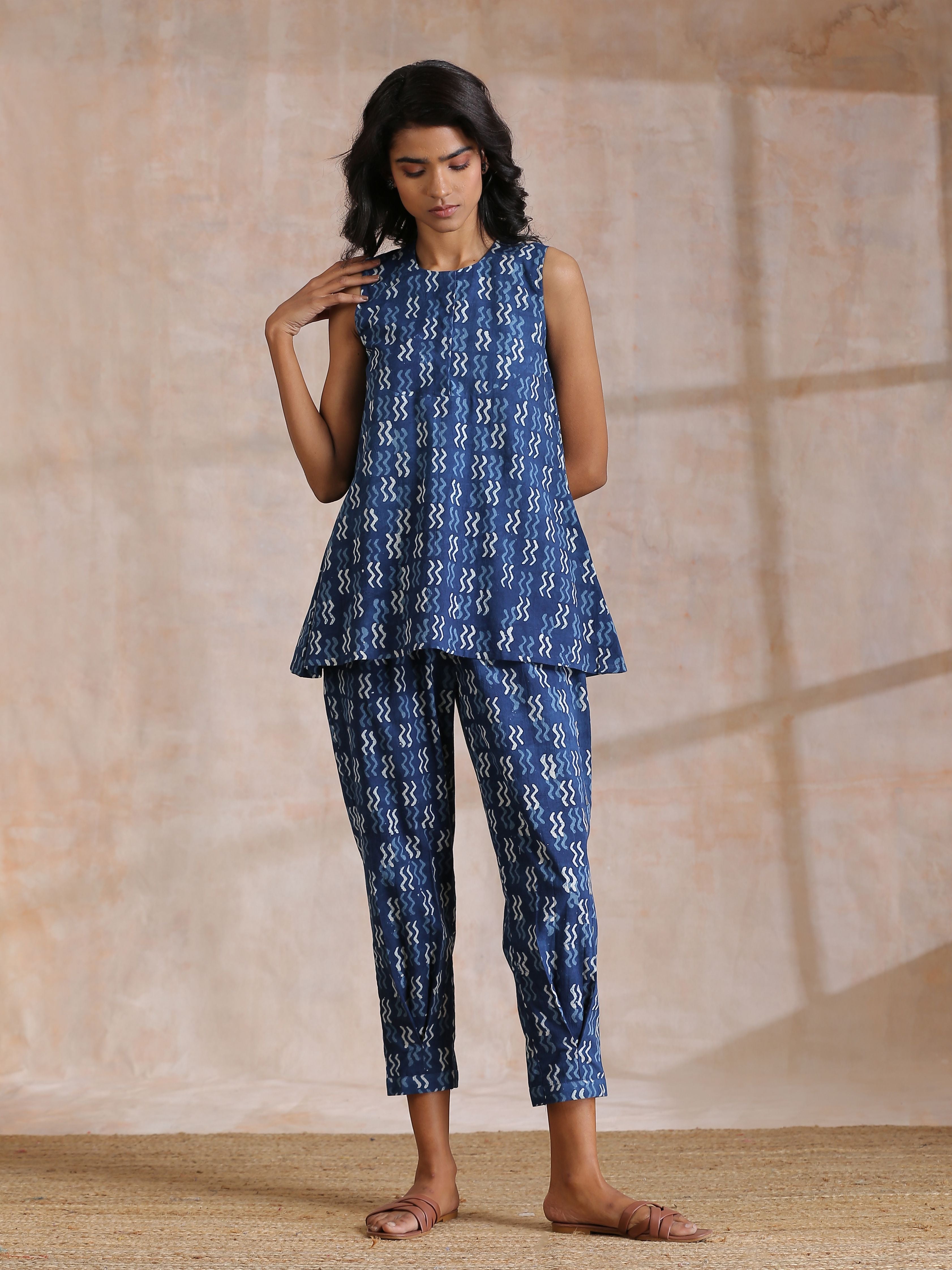 trueBrowns Indigo Dabu Zig-Zag Motifs Print Cotton Sleeveless Co-Ord Set