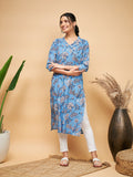 InWeave Women's Skyblue Pink Floral Angrakha Straight Kurta