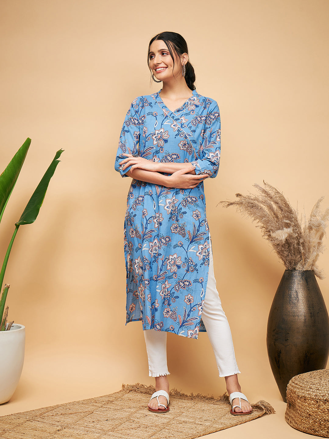 InWeave Women's Skyblue Pink Floral Angrakha Straight Kurta