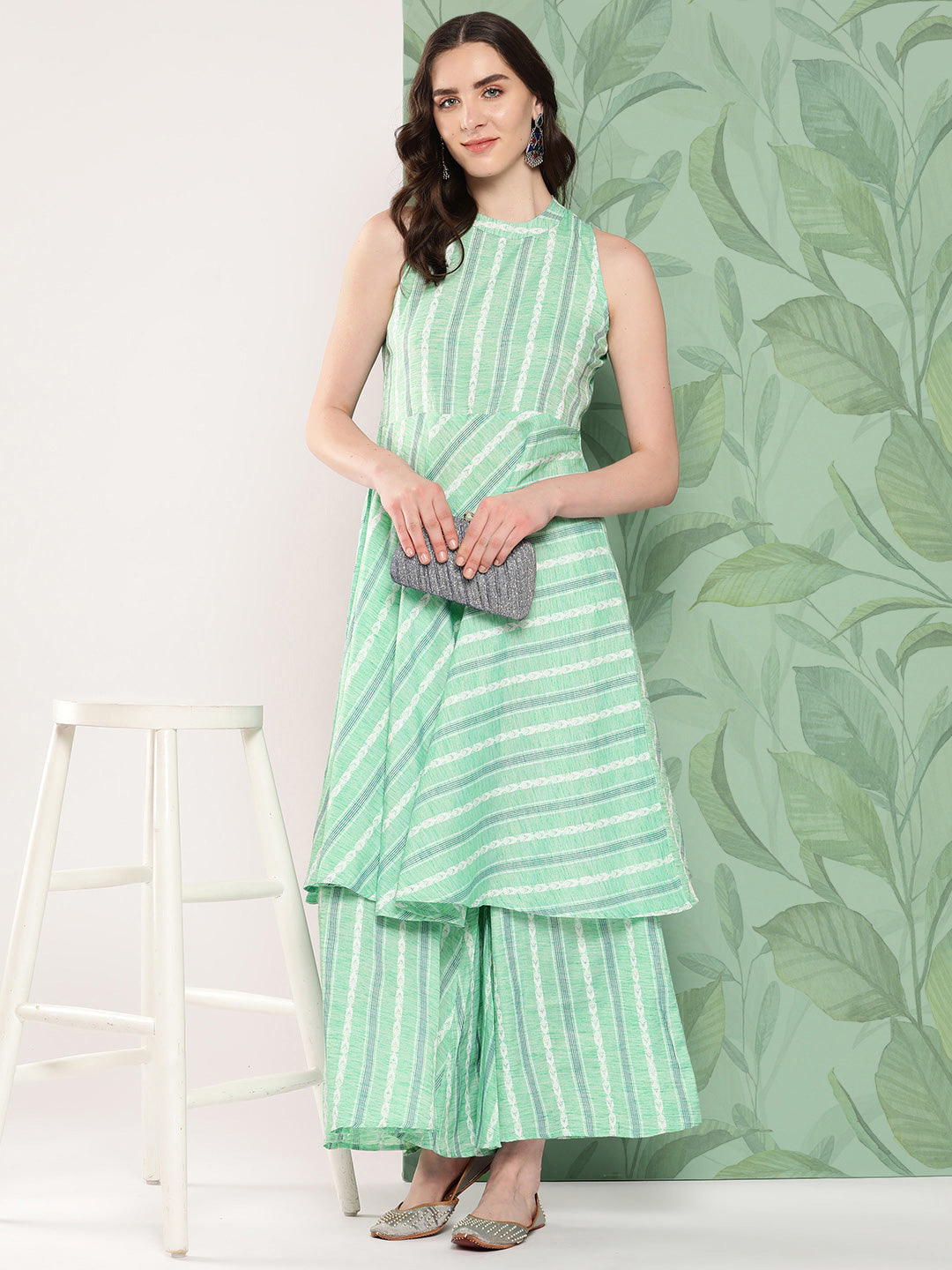 InWeave Women's Teal Kantha Striped Kurta Set