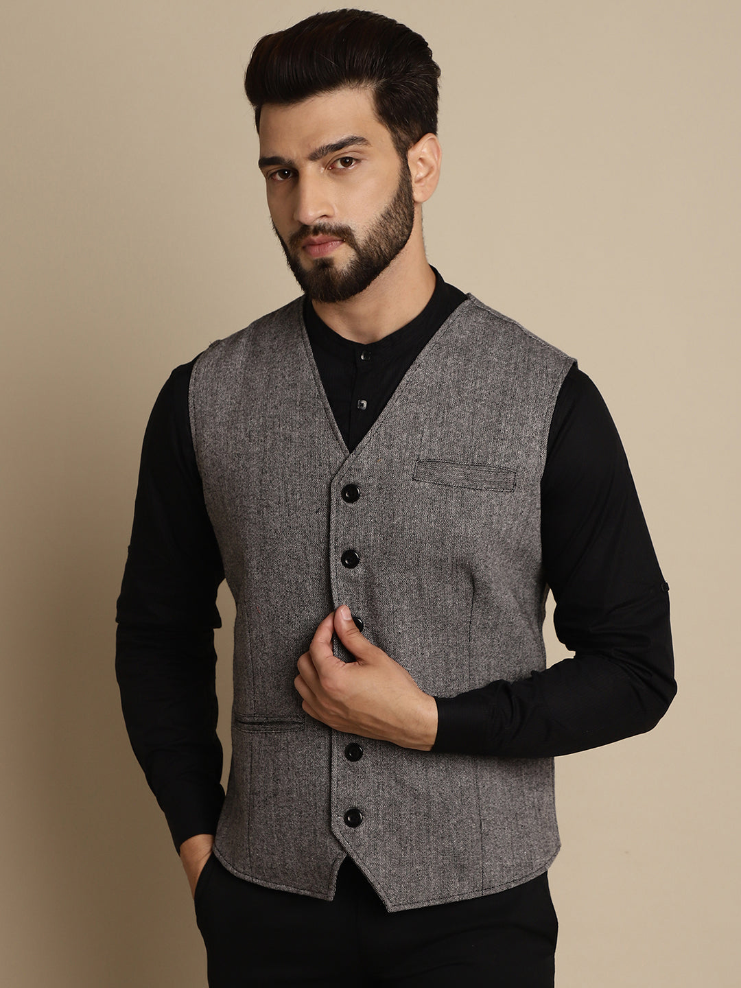 Even Apparels Men's Black Woolen Waistcoat with welt pockets