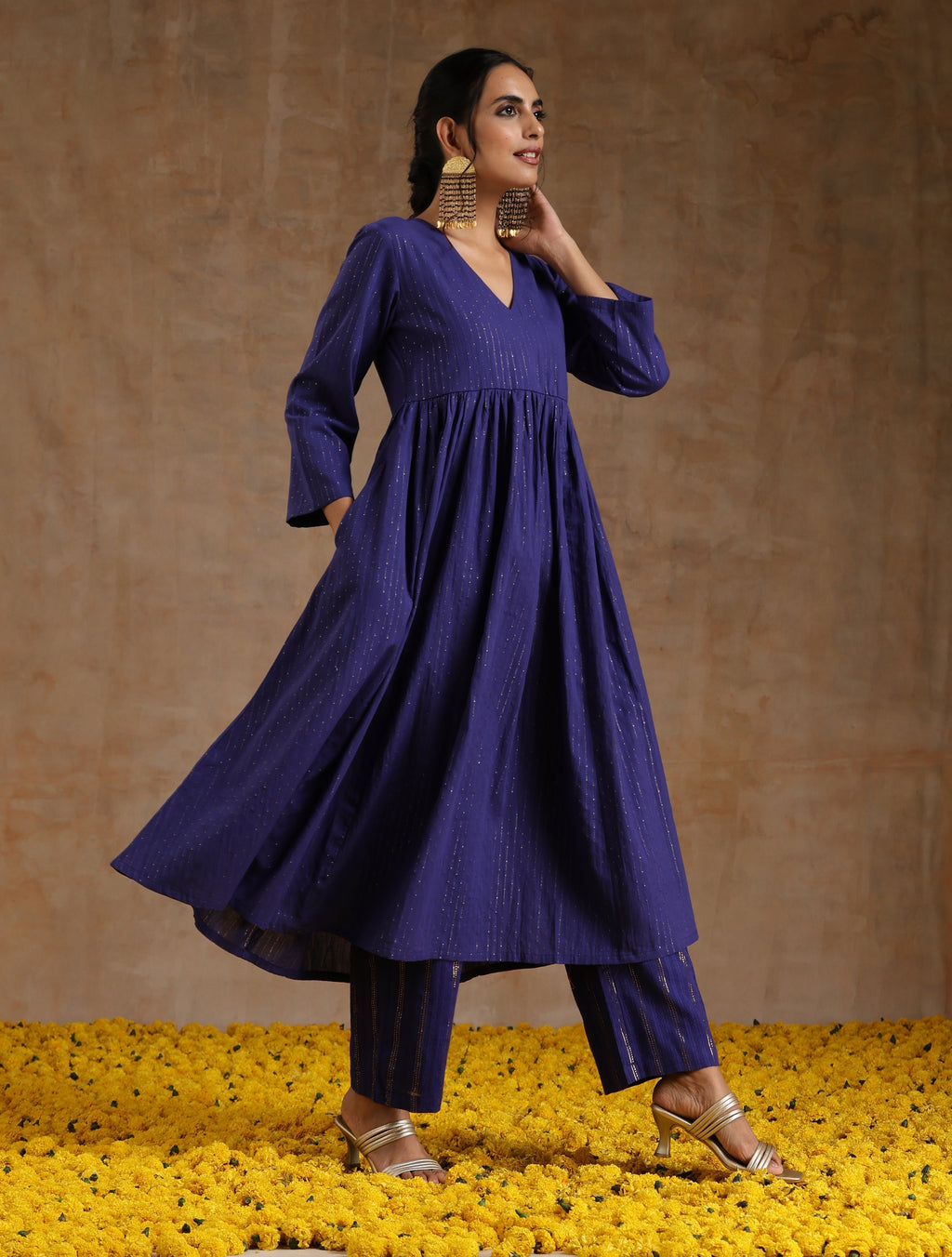 trueBrowns Spectrum Blue Gold Cotton Kalidar Kurta Set