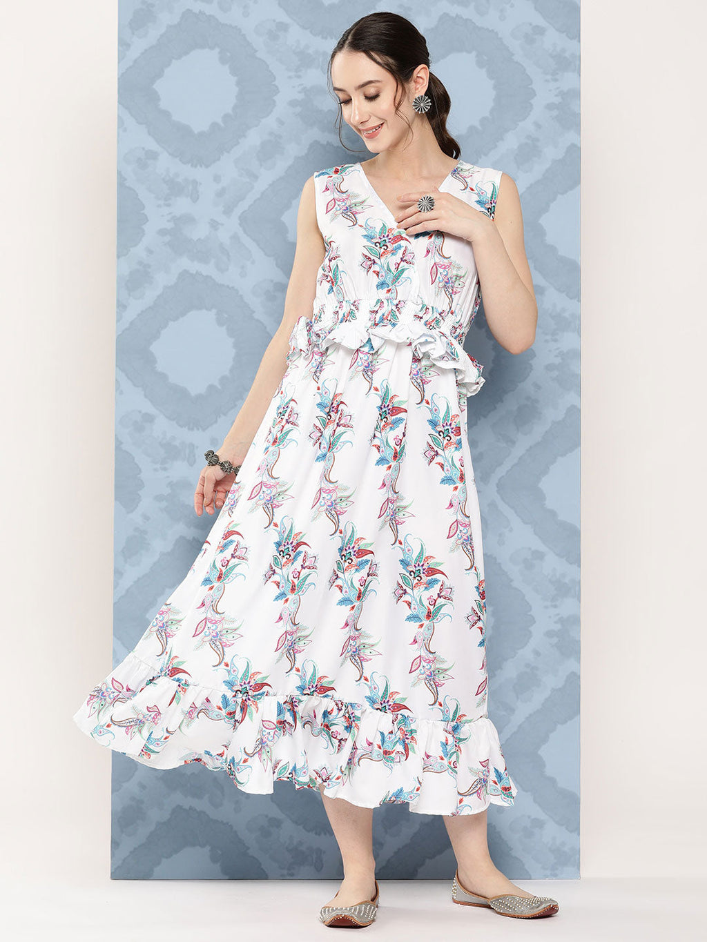 InWeave Women's White Floral Paisley Print Long Frill Dress